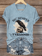 Damen-T-Shirt mit Sic Semper Tyrannis-Print und V-Ausschnitt 