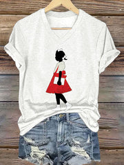 Women's  Black Girl In Red Dress Art Print Cotton Long Sleeve T-Shirt