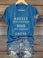 T-shirt rétro à col en V avec imprimé « Résister avec courage, rugir pour la justice, s'unir pour le changement » 