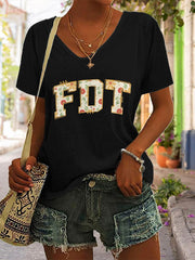 T-shirt col V imprimé fleurs rétro FDT 86 47 
