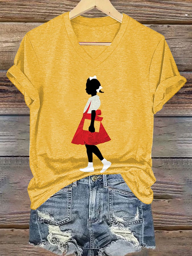 Women's  Black Girl In Red Dress Art Print Cotton Long Sleeve T-Shirt