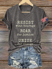 T-shirt rétro à col en V avec imprimé « Résister avec courage, rugir pour la justice, s'unir pour le changement » 