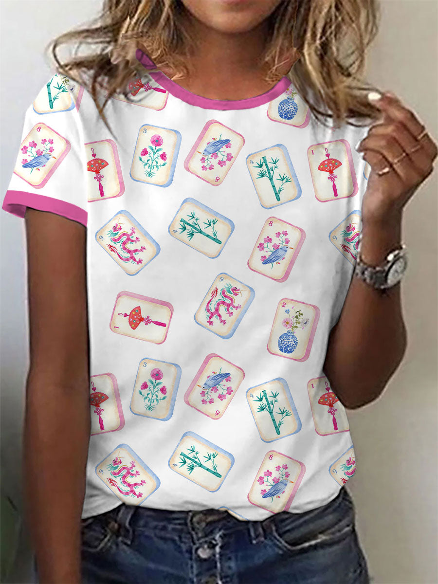 Women's Chinese style Mahjong print casual T-shirt