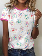Women's Chinese style Mahjong print casual T-shirt