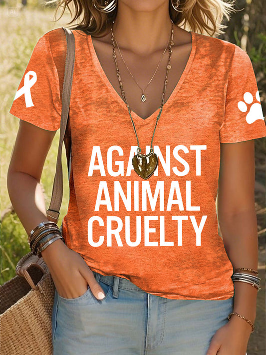 Camiseta de cuello en V contra la crueldad animal del Mes de la Prevención de la Crueldad Animal de las Mujeres
