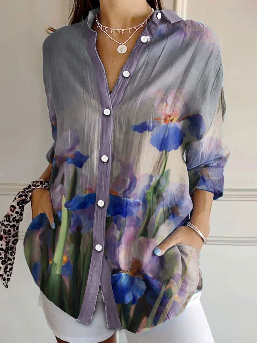 T-shirt imprimé iris violet pour femme, motif floral et sensibilisation à la maladie d'Alzheimer