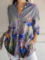 T-shirt imprimé iris violet pour femme, motif floral et sensibilisation à la maladie d'Alzheimer