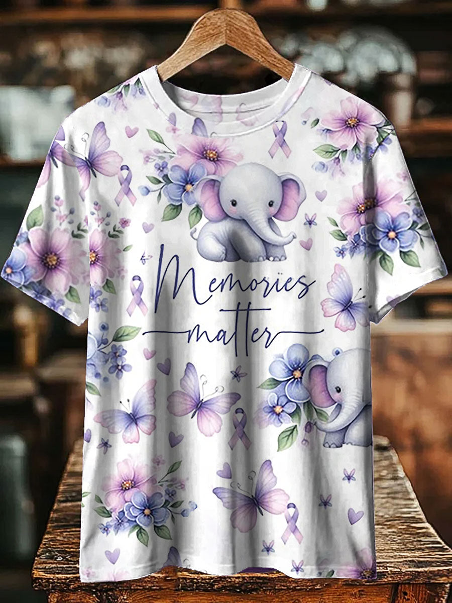 T-shirt unisexe à manches courtes et imprimé floral pour la sensibilisation à la maladie d'Alzheimer