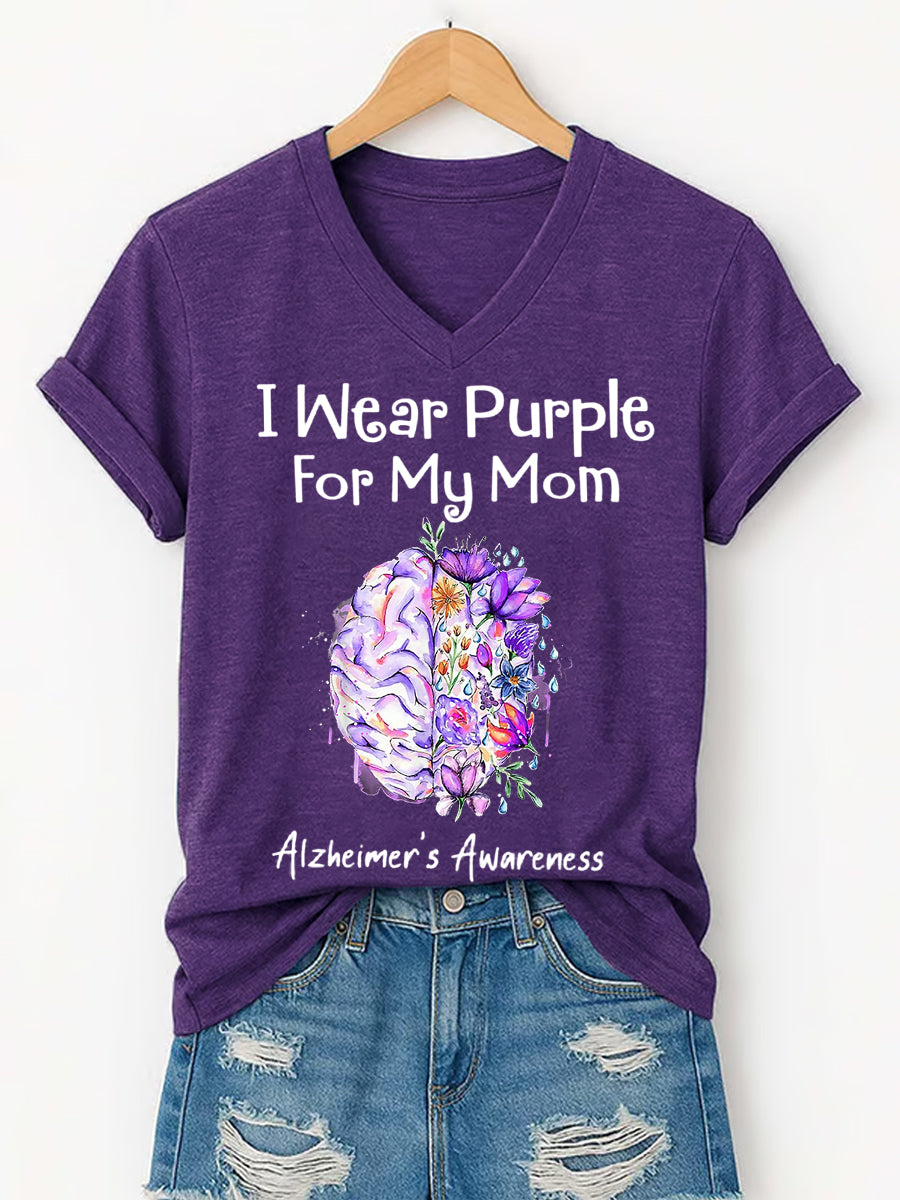 Women's I Wear Purple For My Mom Alzheimer's Awareness Support V-Neck Tee