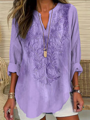 Women's Alzheimer's Awareness Purple Floral Printed Elegant Long Sleeve V-Neck Shirt