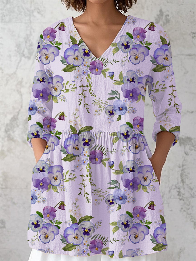 Women's  Alzheimer's Awareness Purple Floral Print V-neck Cotton and linen Long Sleeve Shirt