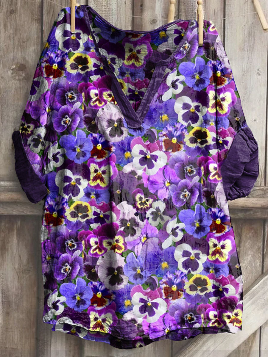 Women's Alzheimer's Awareness Purple Floral Pansy Printed Top