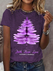 Camiseta de mujer con lazo morado "Fe, Esperanza, Amor" y concienciación sobre el Alzheimer