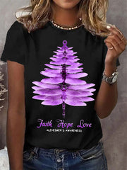 Camiseta de mujer con lazo morado "Fe, Esperanza, Amor" y concienciación sobre el Alzheimer