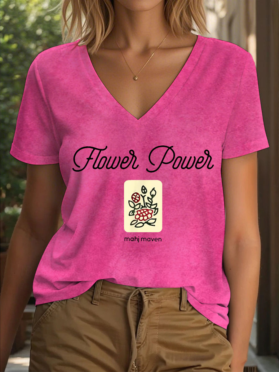 Women's flower power Mahj maven V neck T-shirt