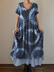 Women's Retro Deep Blue Tie-Dye Printed Cotton and Linen Double-Layer Short-Sleeved Dress