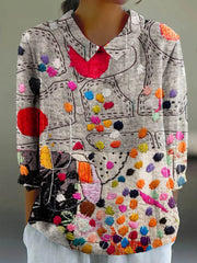 Women's Vintage Abstract Patchwork Pattern Art Print Casual Cotton And Linen 3/4 Sleeve Shirt