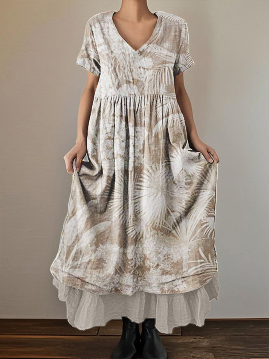 Women's Retro Printed Cotton and Linen Double Layer Short Sleeve Dress