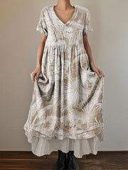 Women's Retro Printed Cotton and Linen Double Layer Short Sleeve Dress