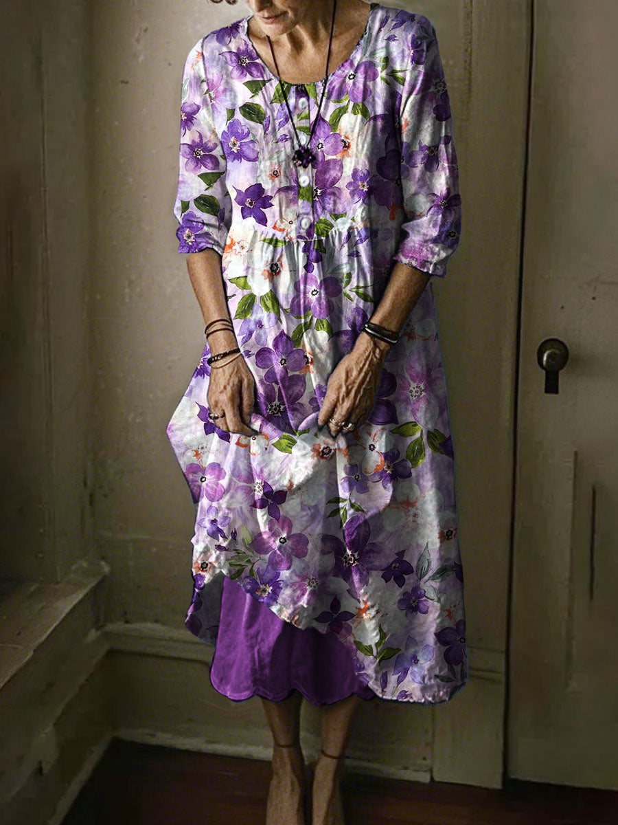 Women's Alzheimer's Awareness Pansy Purple Floral Printed Dress