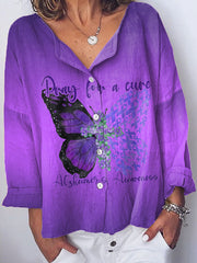 Women's Alzheimer's Awareness Purple Floral Pansy Printed Shirt