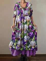 Lila Kleid mit Iris-Blumendruck für Alzheimer-Bewusstsein für Damen