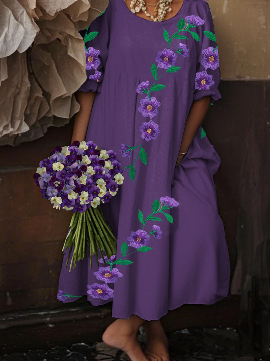 Women's Alzheimer's Awareness Purple Floral Pansy Printed Long Sleeve Dresses