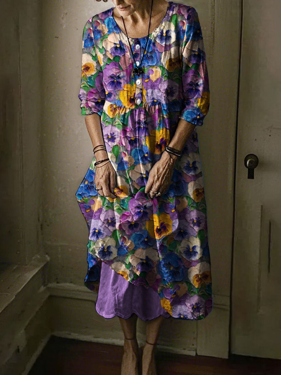 Women's Alzheimer's Awareness Purple Floral Pansy Printed Dress