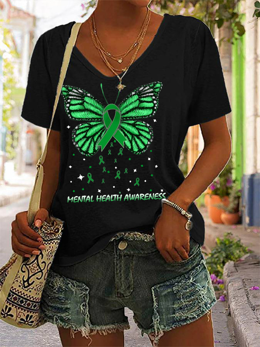 Frauen psychische Gesundheit Bewusstsein grünes Band Schmetterling V-Ausschnitt T-Shirt