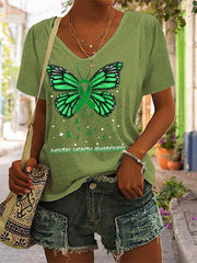 Frauen psychische Gesundheit Bewusstsein grünes Band Schmetterling V-Ausschnitt T-Shirt