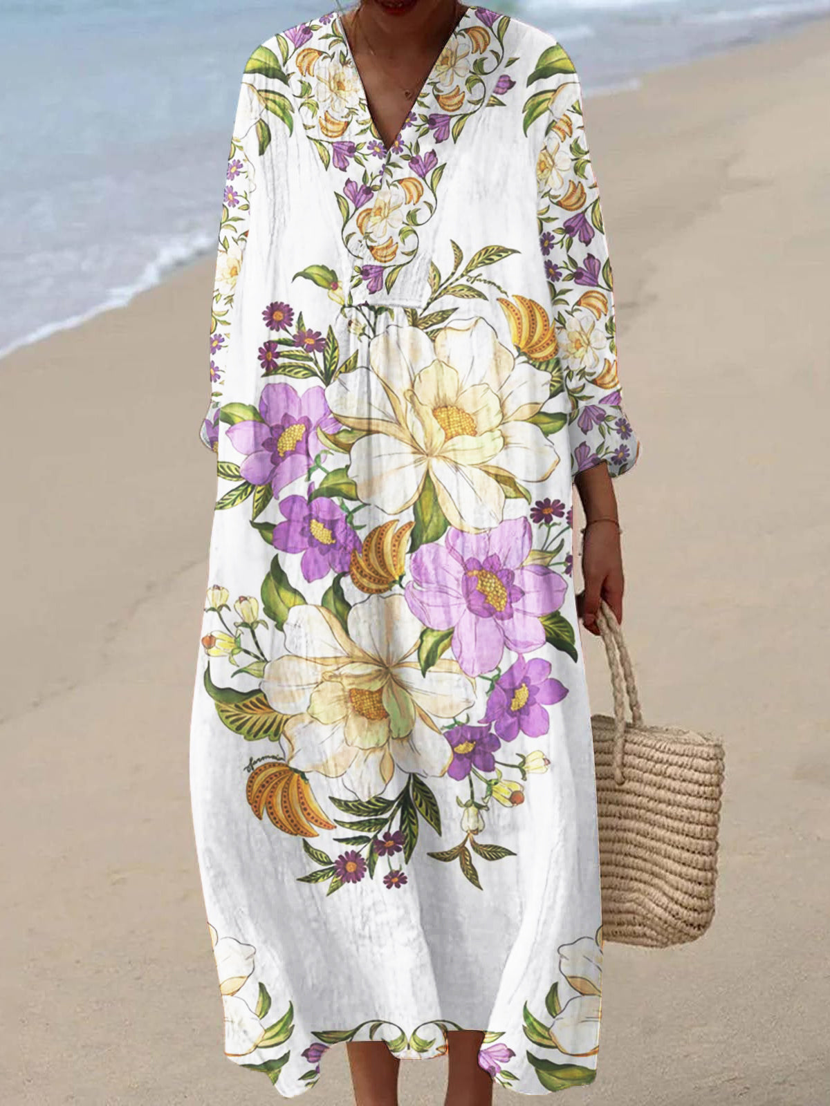 Women's V-neck Original Art Print 3/4 Sleeve Cotton and Linen Dress