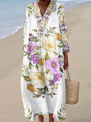 Women's V-neck Original Art Print 3/4 Sleeve Cotton and Linen Dress
