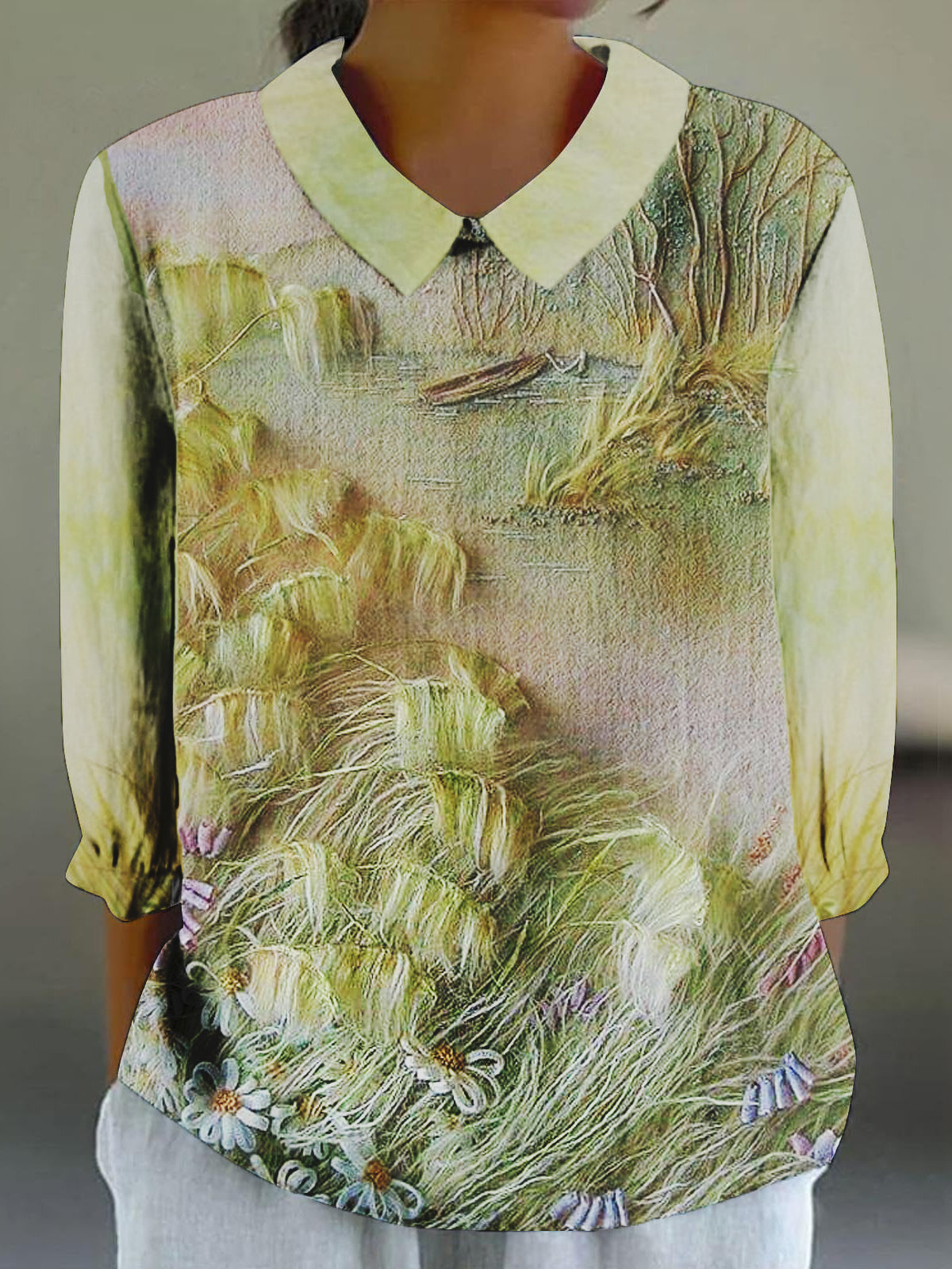 Women's 3D Floral Print 3/4 Sleeve Cotton and Linen Shirt