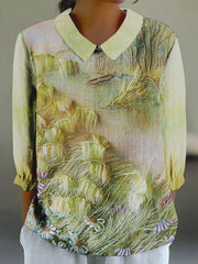 Women's 3D Floral Print 3/4 Sleeve Cotton and Linen Shirt