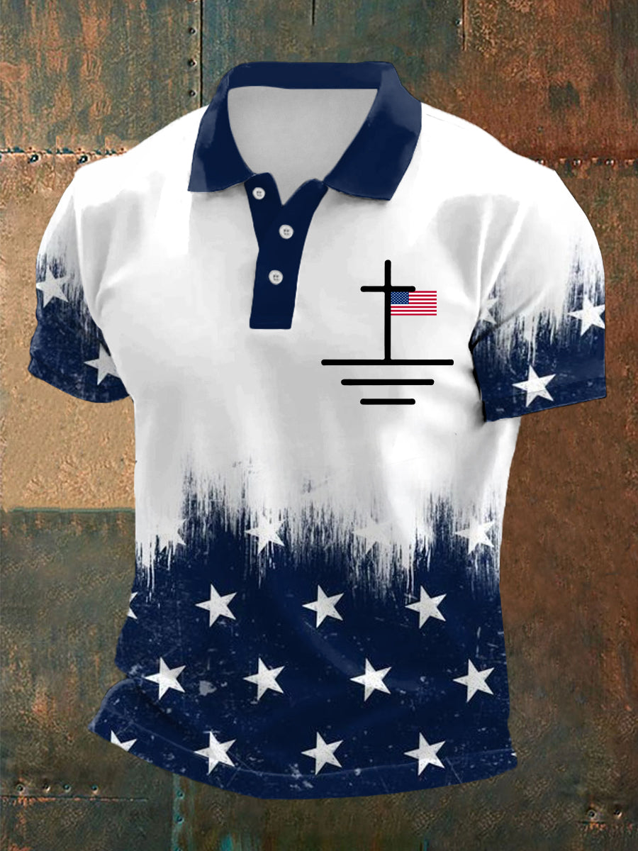 Men's Cross Faith American Flag Print Casual Polo
