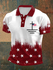 Men's Cross Faith American Flag Print Casual Polo