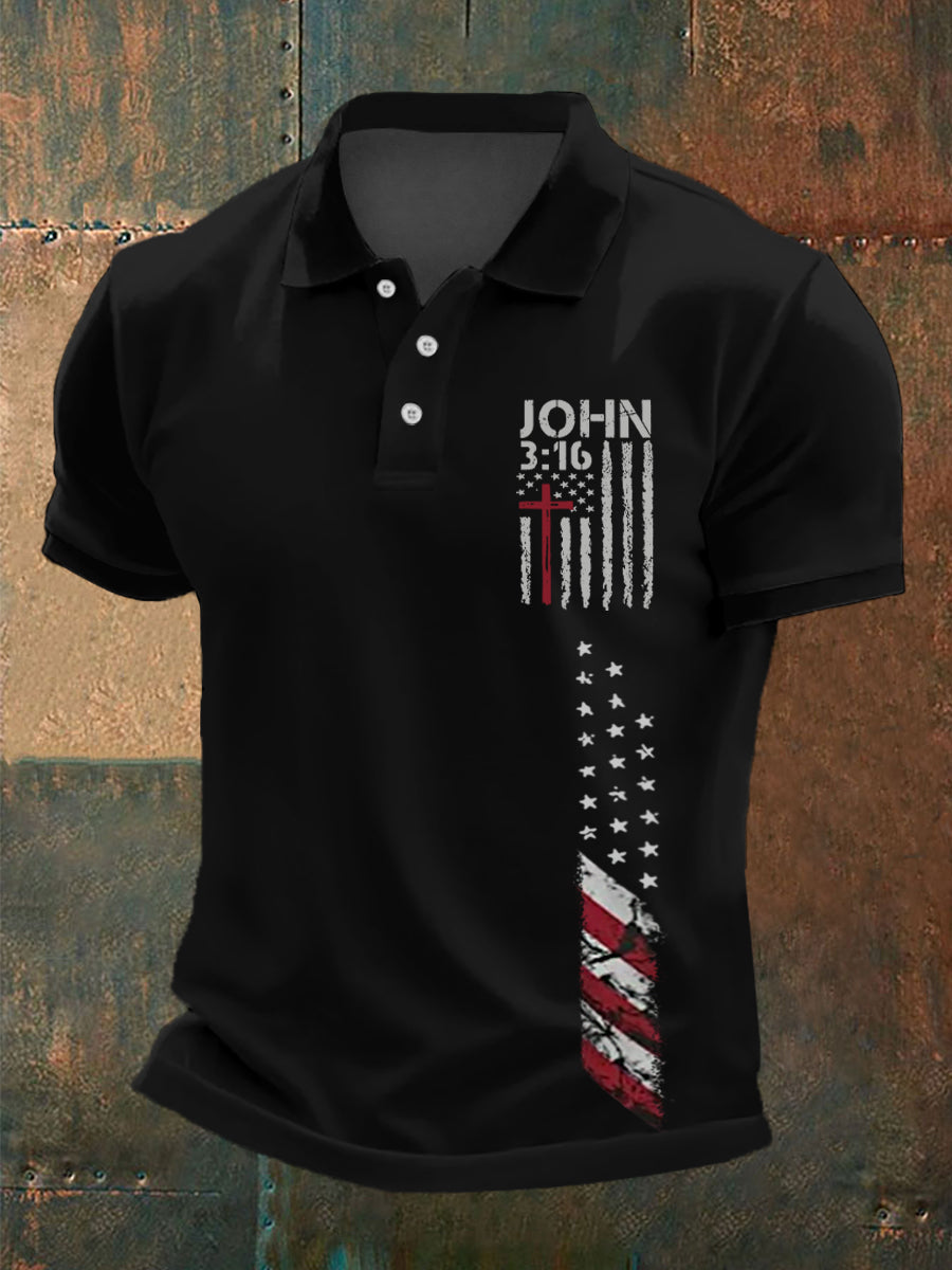 Polo décontracté à imprimé drapeau américain Cross Faith pour homme