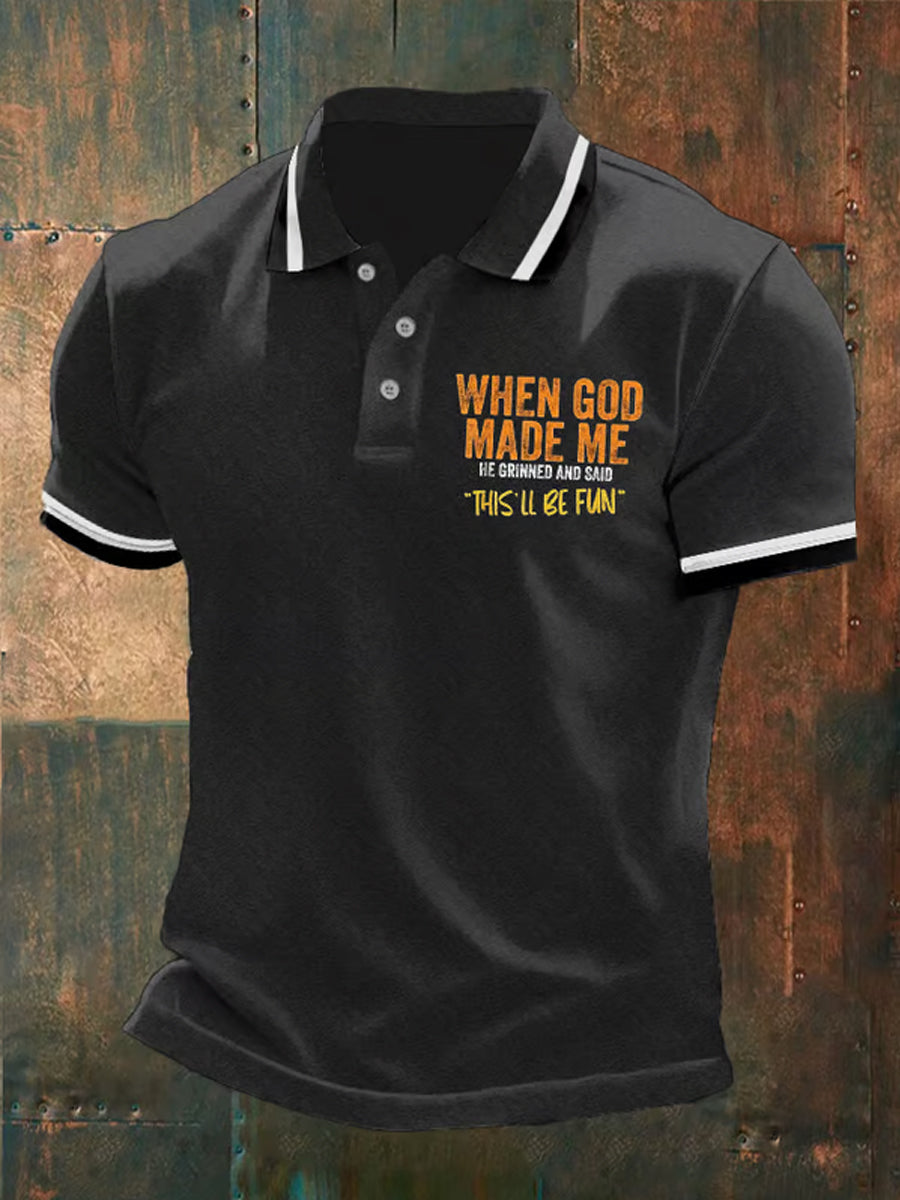 Herren-Poloshirt „Als Gott mich schuf, grinste er und sagte: ‚Das wird lustig‘“