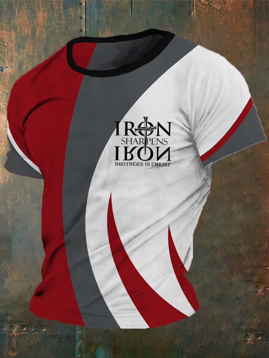 Men's Vintage Faith Iron Sharpens Iron Brothers In Christ Cross Printed T-Shirt