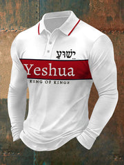 T-shirt polo à manches longues imprimé pour homme avec verset biblique « Yeshua, Roi des rois, Seigneur des seigneurs »
