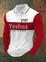 T-shirt polo à manches longues imprimé pour homme avec verset biblique « Yeshua, Roi des rois, Seigneur des seigneurs »