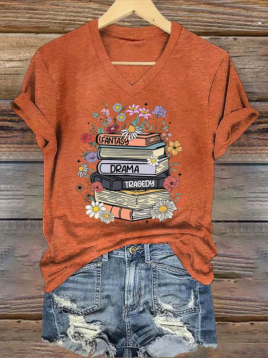 Women's Floral Book Fantasy Drama Tragedy FDT V-Neck Tee