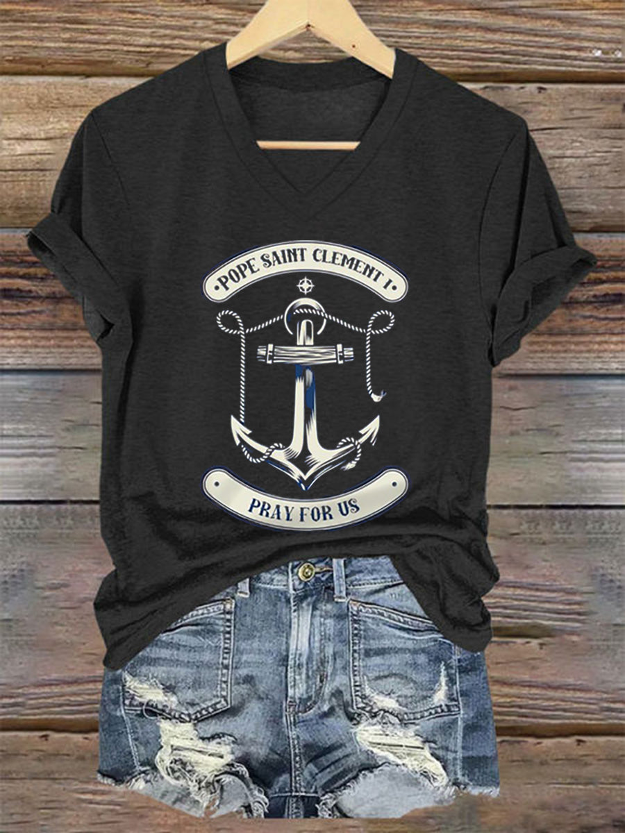 Women's Pope St. Clemens Catholic Patron Saint Sailors Boat  short-sleeved T-shirt