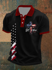 Men's God Bless America Faith Cross Flag Printed Short Sleeve Shirt