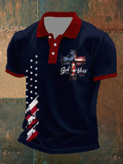 Men's God Bless America Faith Cross Flag Printed Short Sleeve Shirt