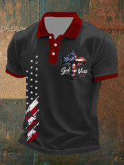 Men's God Bless America Faith Cross Flag Printed Short Sleeve Shirt