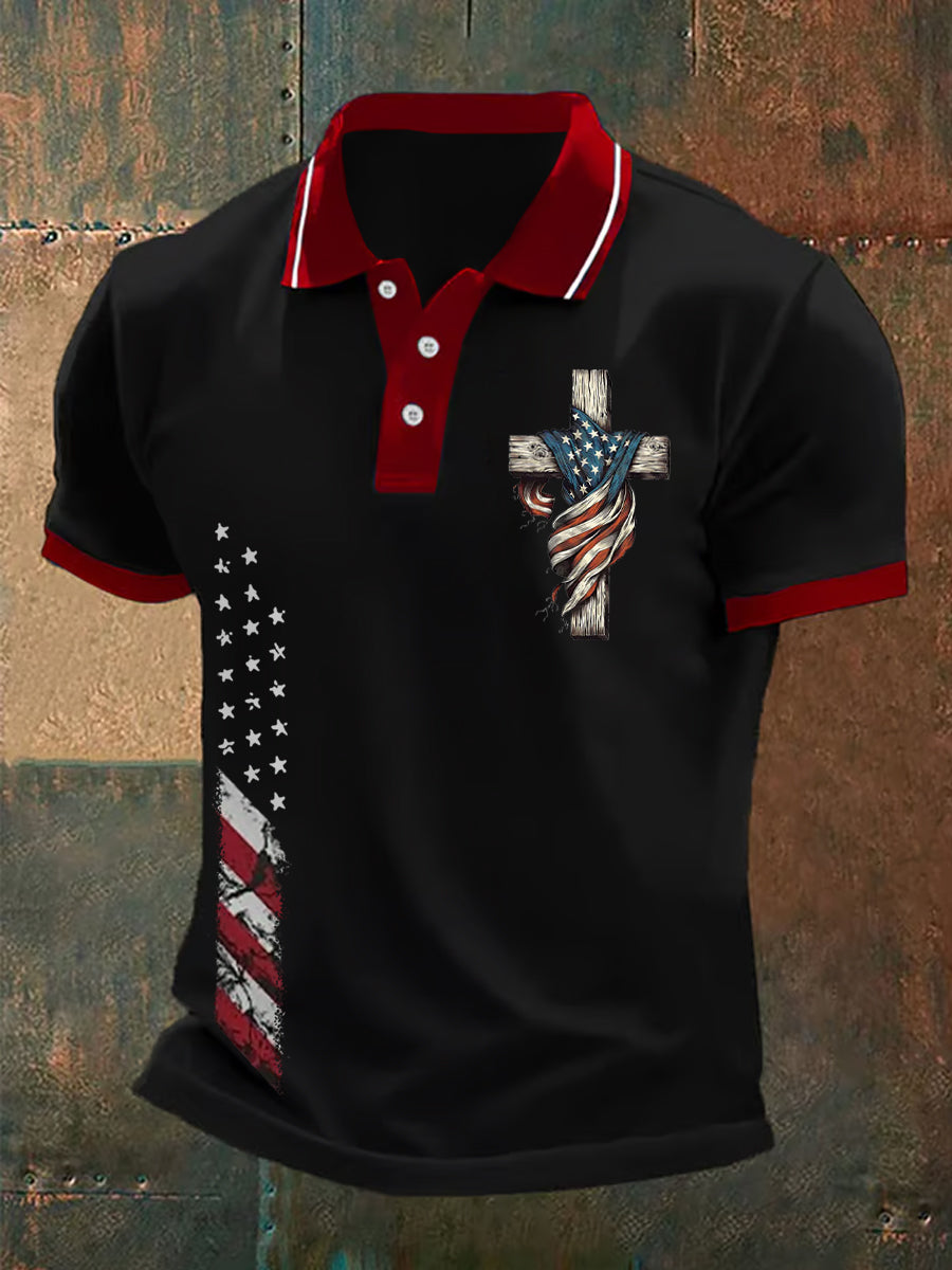 Polo décontracté pour homme avec motif drapeau américain et croix de foi