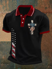 Polo décontracté pour homme avec motif drapeau américain et croix de foi