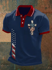 Polo décontracté pour homme avec motif drapeau américain et croix de foi