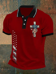 Polo décontracté pour homme avec motif drapeau américain et croix de foi